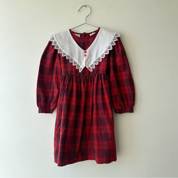 Vintage - Plaid Flannel Collar Dress - Long Sleeve- Red/Navy - Size 6 - Picture 1 of 9
